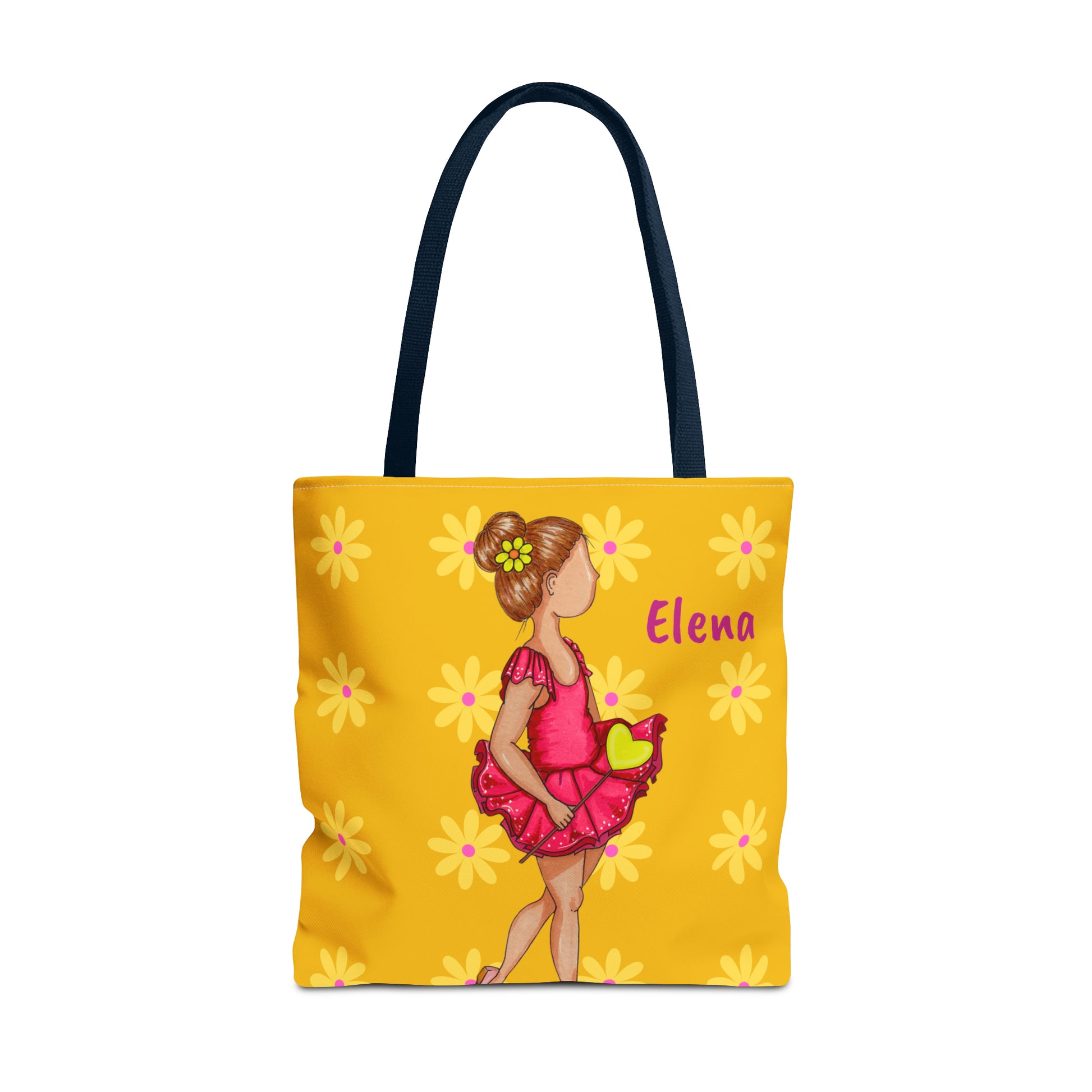 a yellow tote bag with a picture of a little girl in a pink dress