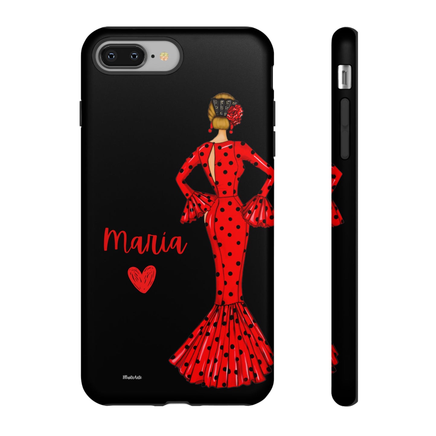 una funda de teléfono con una mujer en un vestido rojo