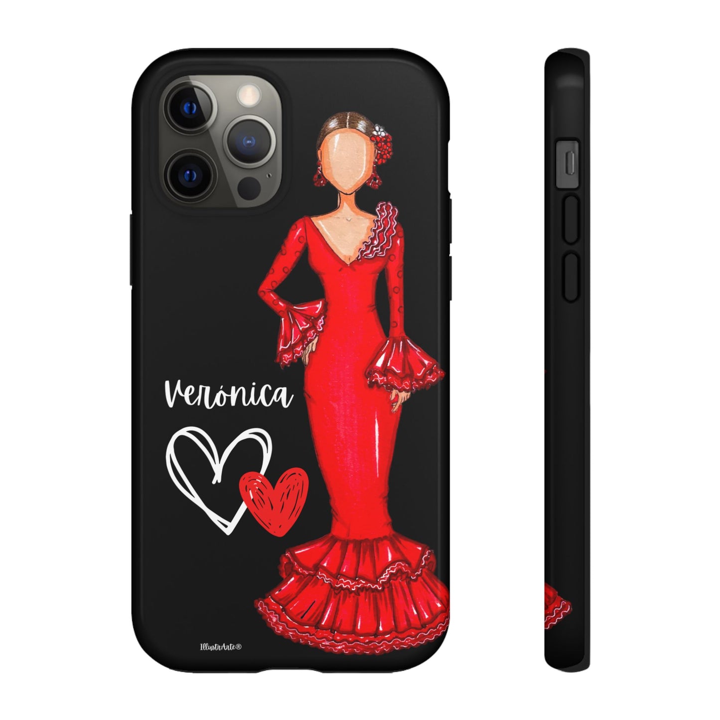 una funda de teléfono con una imagen de una mujer con un vestido rojo