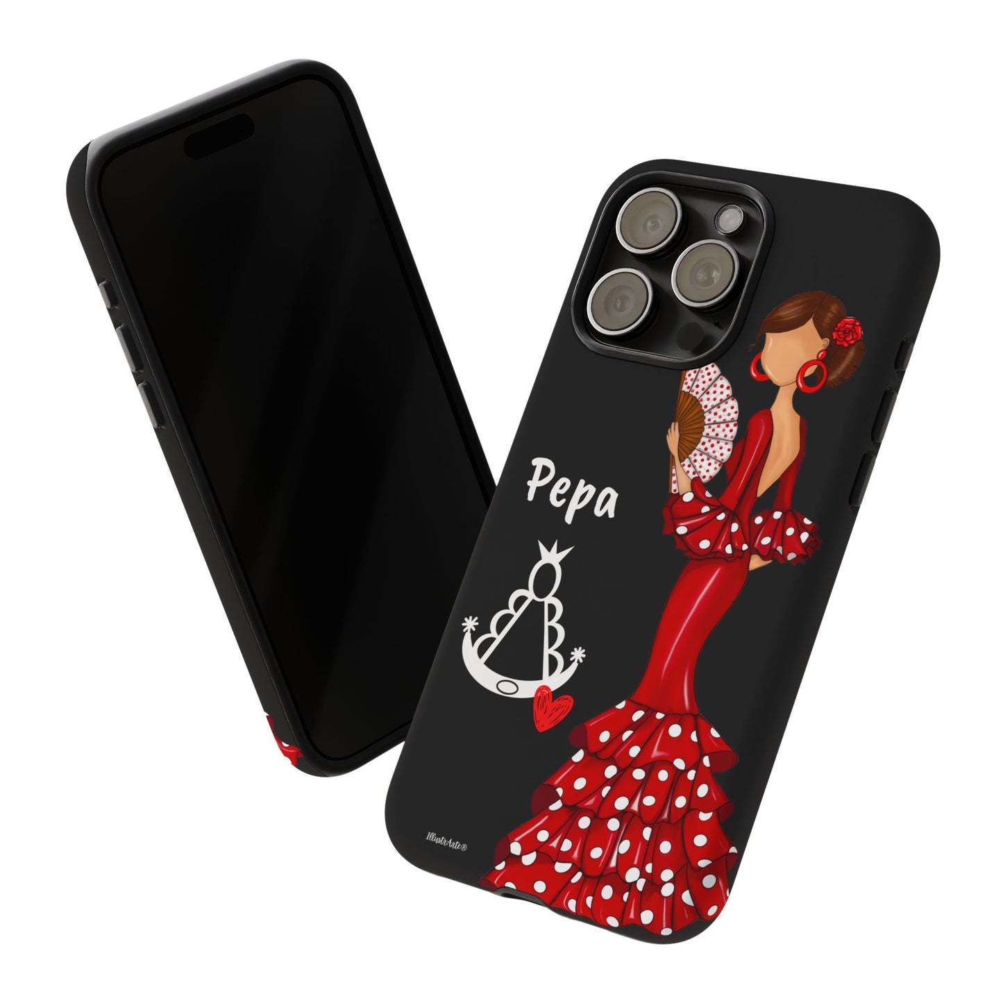 Personalized Pepa phone case on a black background with the Virgin Mary – for iPhone, Samsung, Pixel