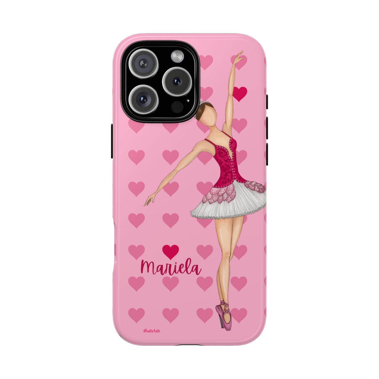 una funda de teléfono rosa con una bailarina en ella