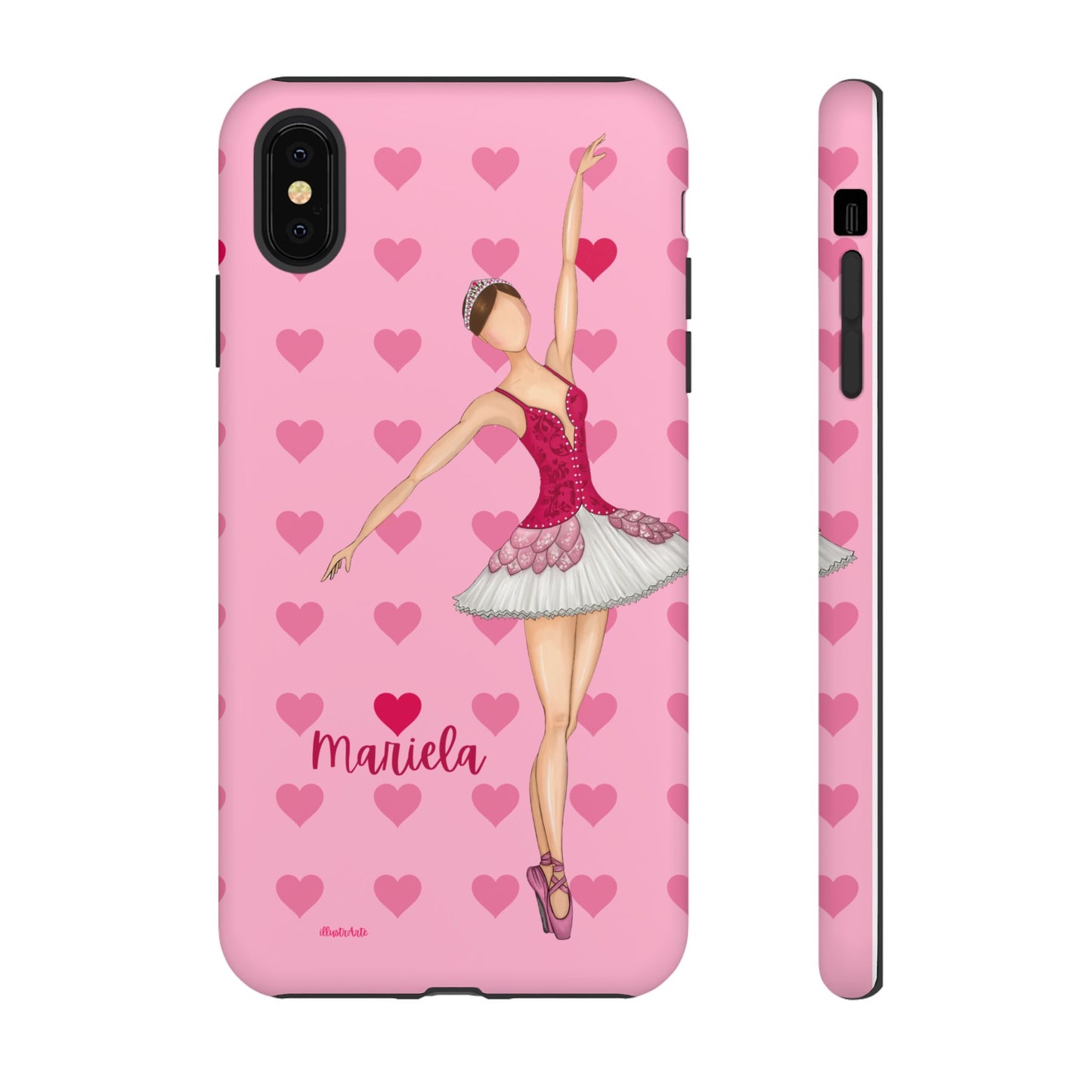 una funda de teléfono rosa con una bailarina en ella