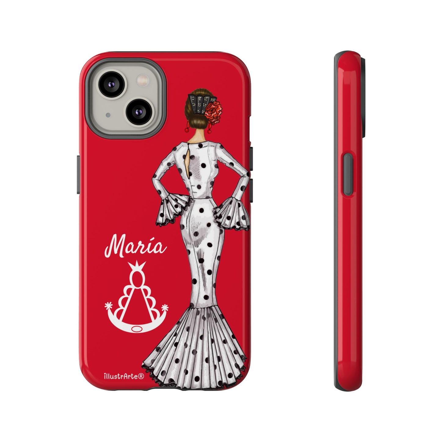 Capa de telefone personalizável com nome/bandeira/Virgem - modelo White Mary com Virgen del Rocío para iPhone, Samsung e Google Pixel