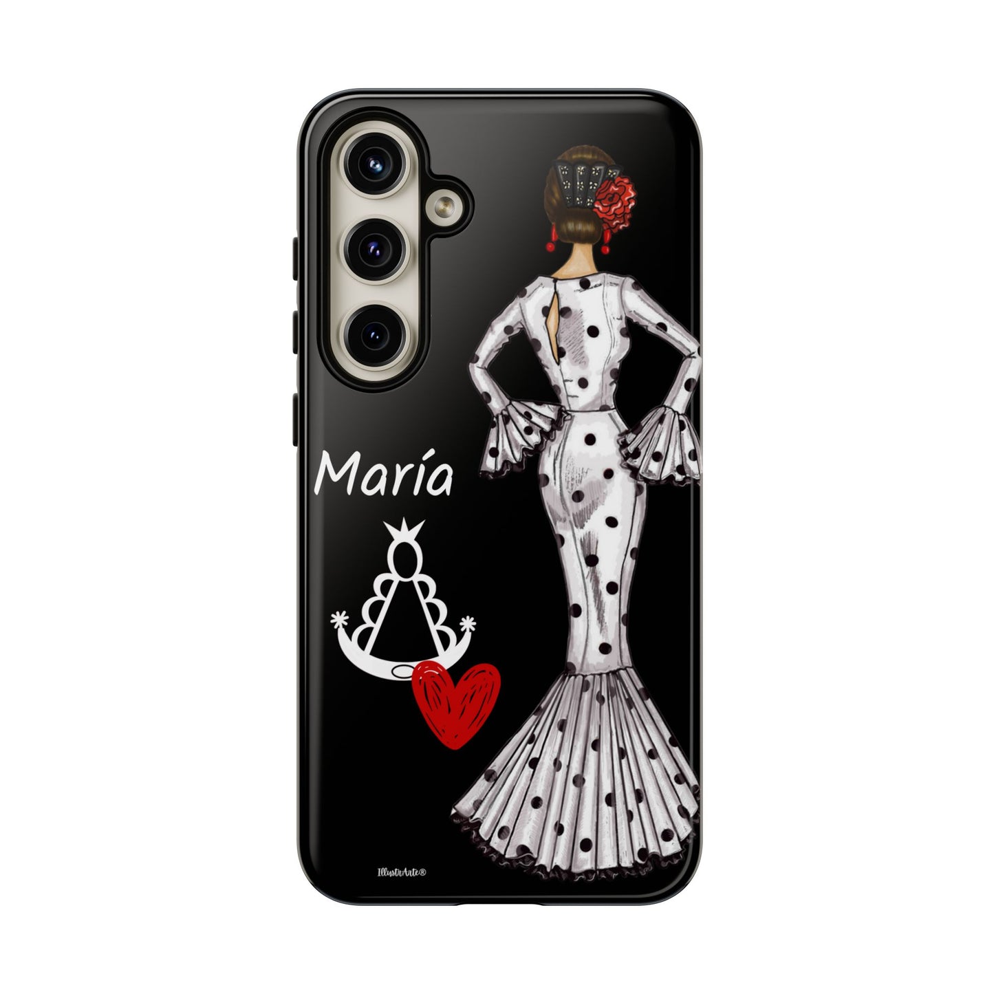 una funda de teléfono en blanco y negro con una mujer en un vestido