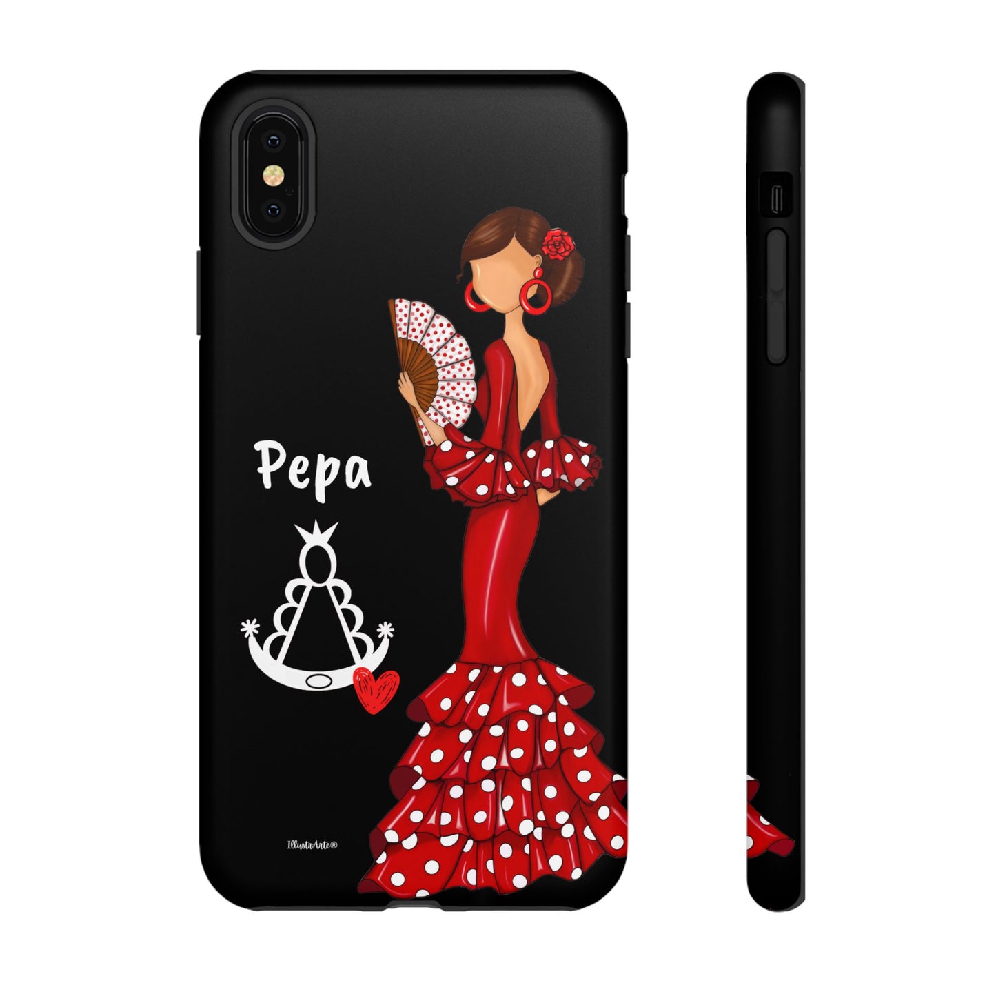 Personalized Pepa phone case on a black background with the Virgin Mary – for iPhone, Samsung, Pixel
