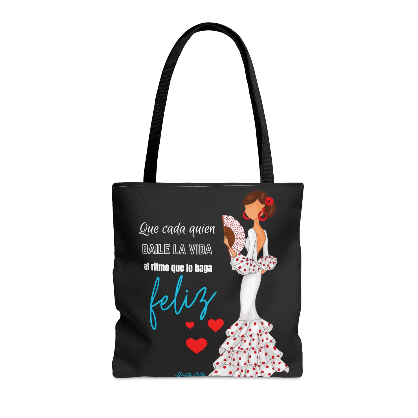 a black tote bag with a picture of a woman in a dress