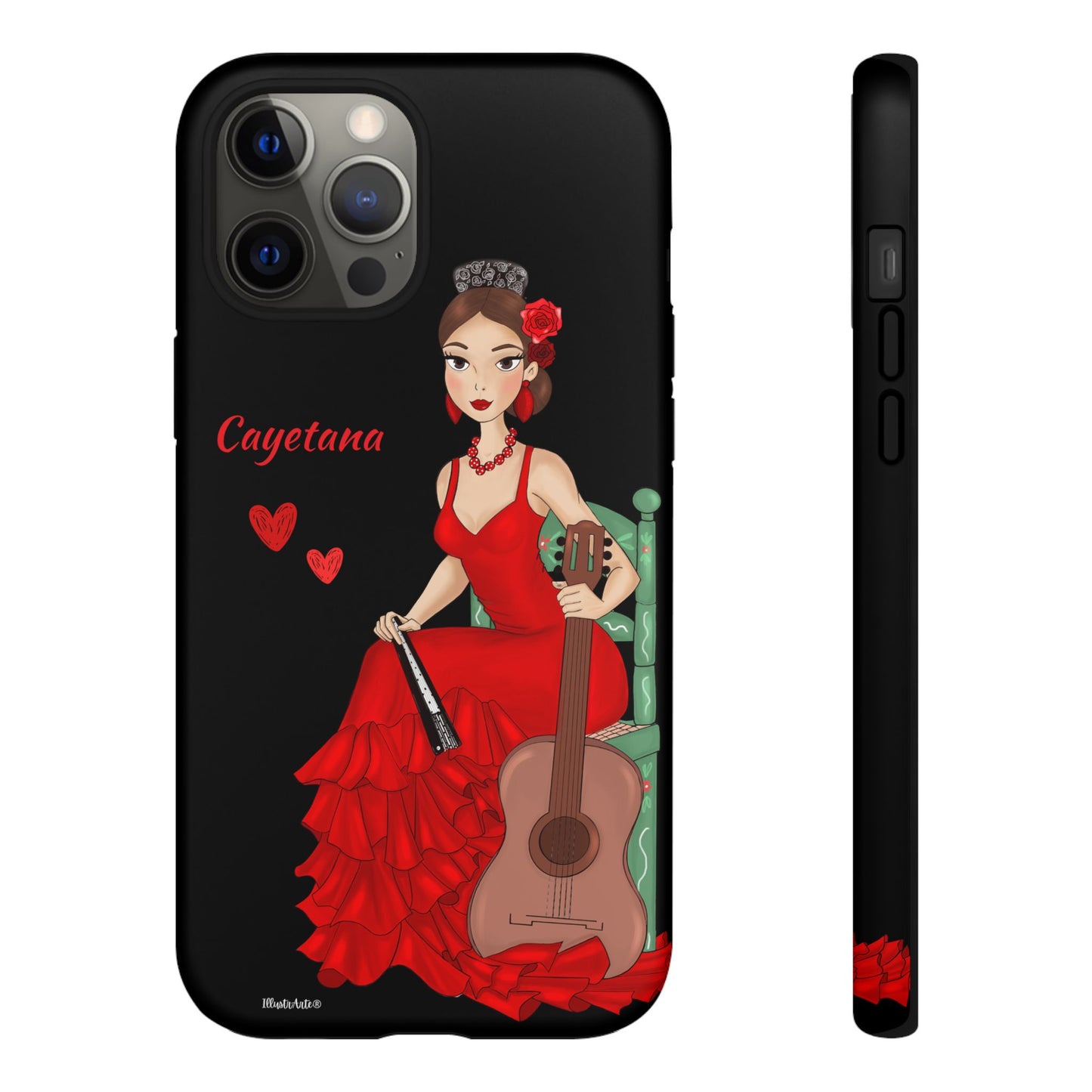 una funda de teléfono con una mujer en un vestido rojo sosteniendo una guitarra