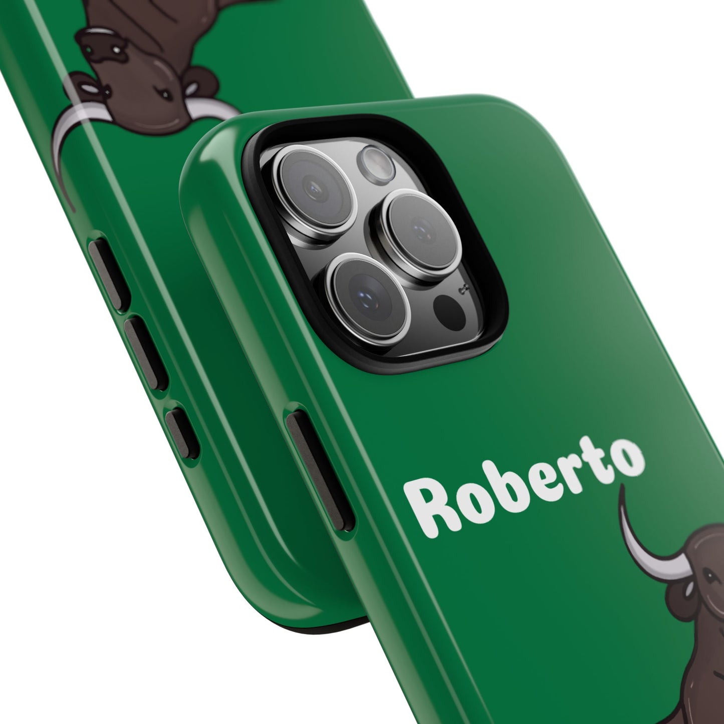 Funda de teléfono personalizable con nombre/bandera/Virgen - Modelo Toro Roberto sobre fondo verde Para iPhone, Samsung Y Google Pixel