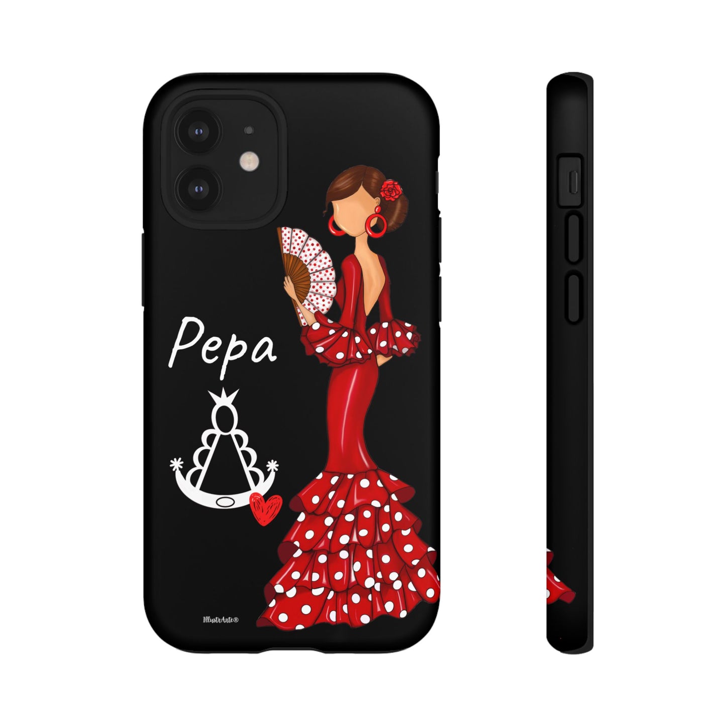 una funda de teléfono con una mujer en un vestido rojo