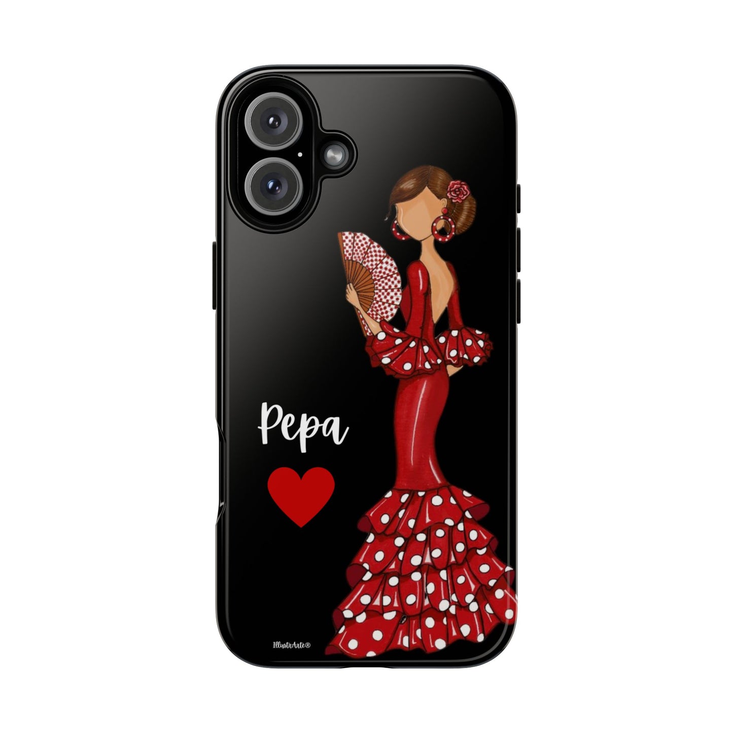 una funda de teléfono con una mujer en un vestido rojo