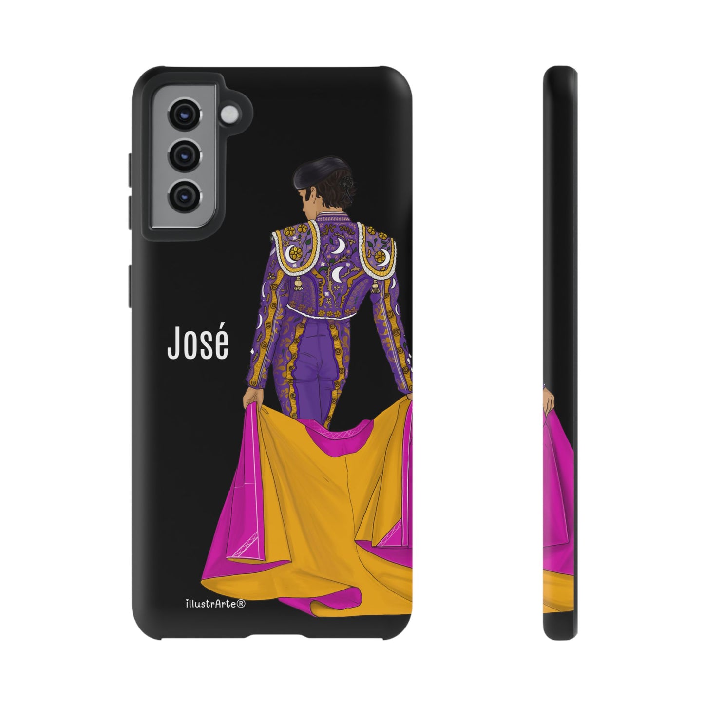 Personalized phone case featuring bullfighter José on a green background – for iPhone, Samsung, Pixel