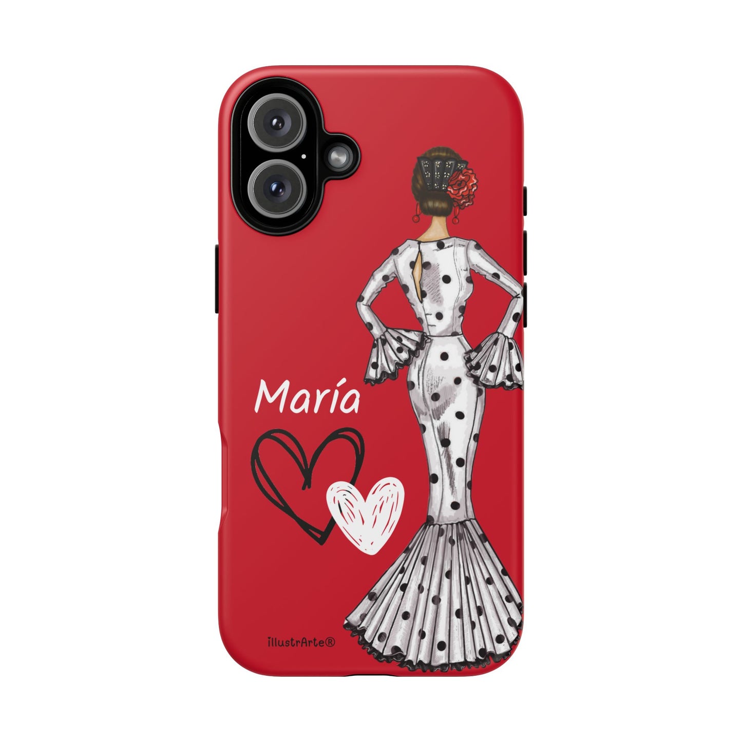 Personalized Maria phone case, white with red hearts background – for iPhone, Samsung, Pixel