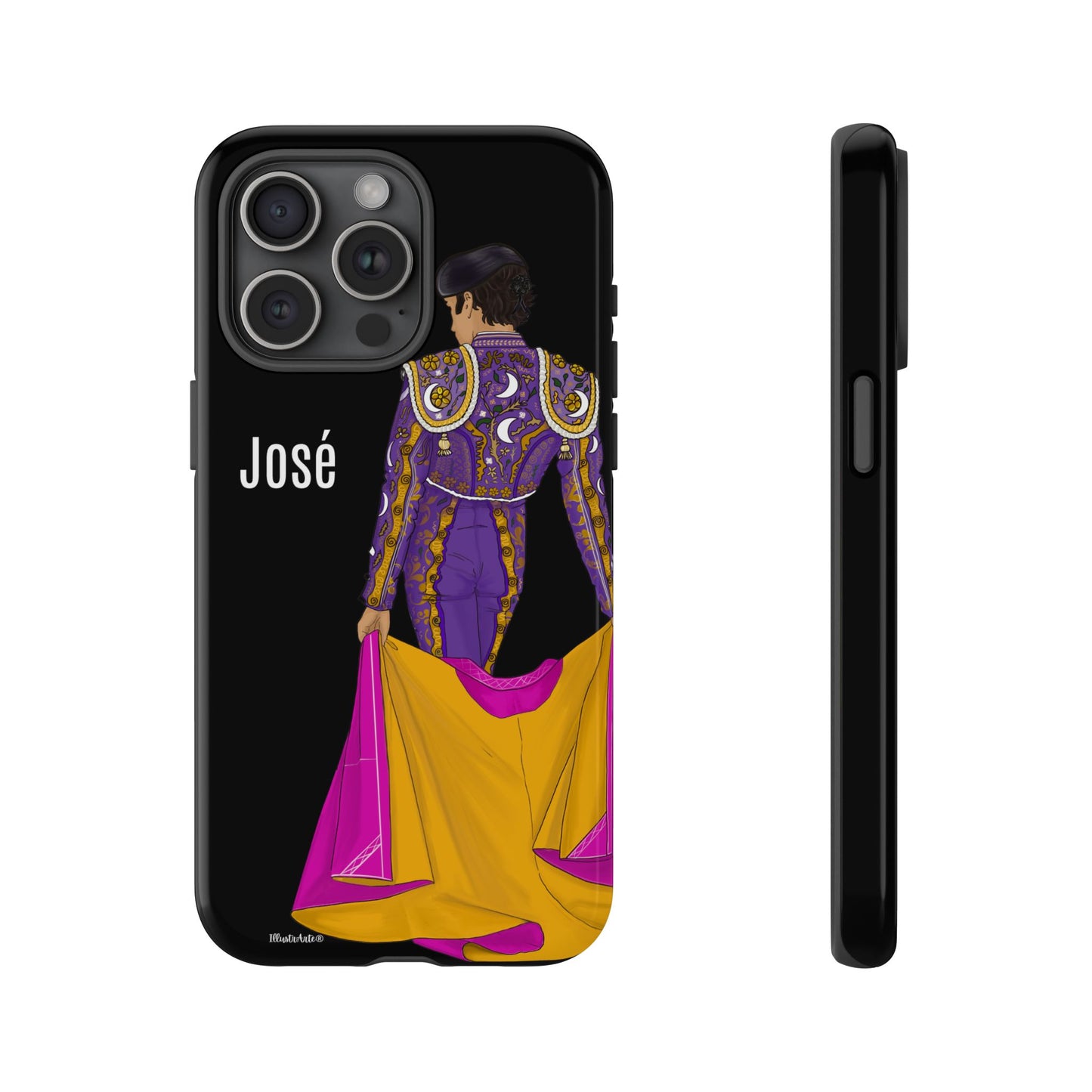 una funda de teléfono con una imagen de una mujer en un traje morado y amarillo