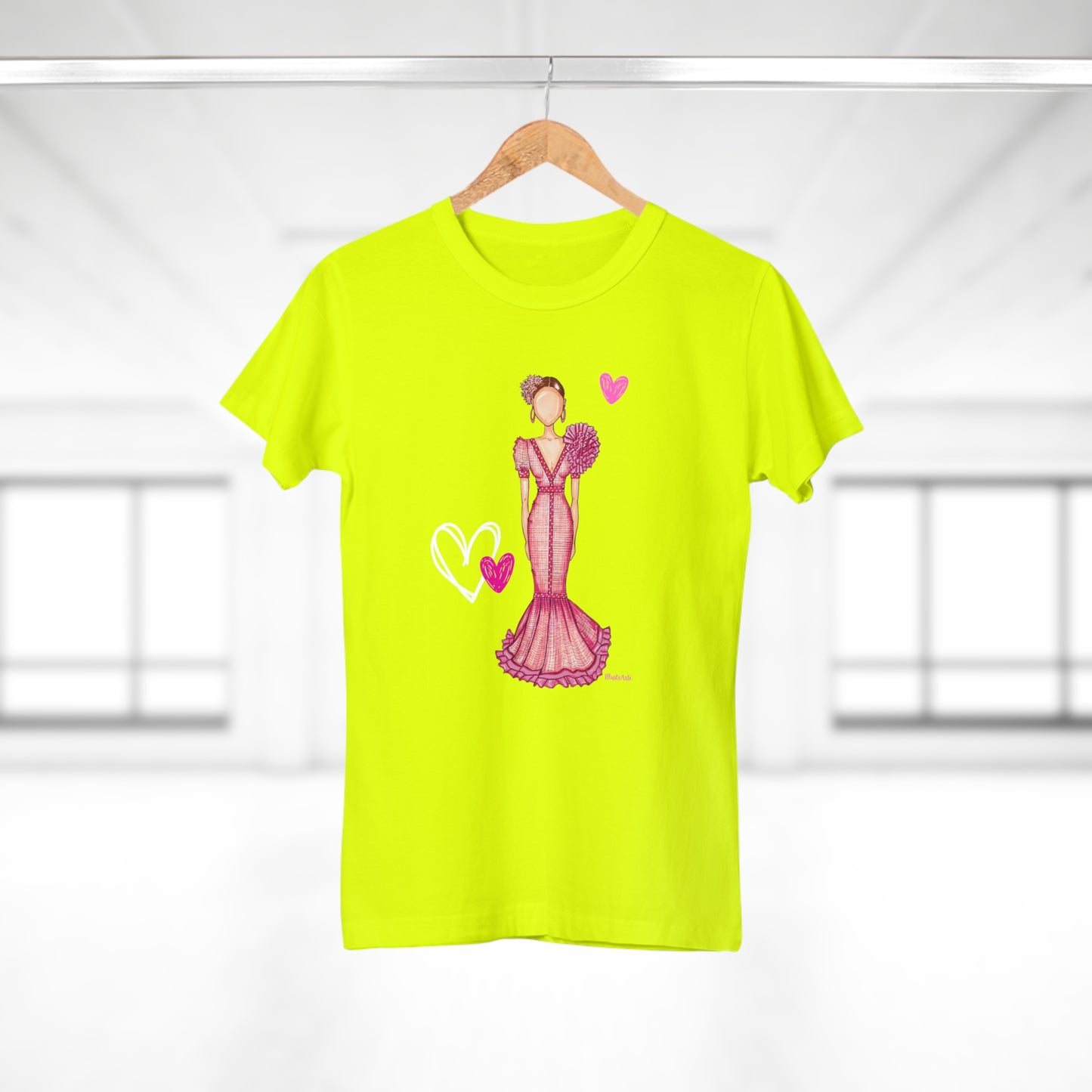 a t - shirt with a picture of a woman in a pink dress