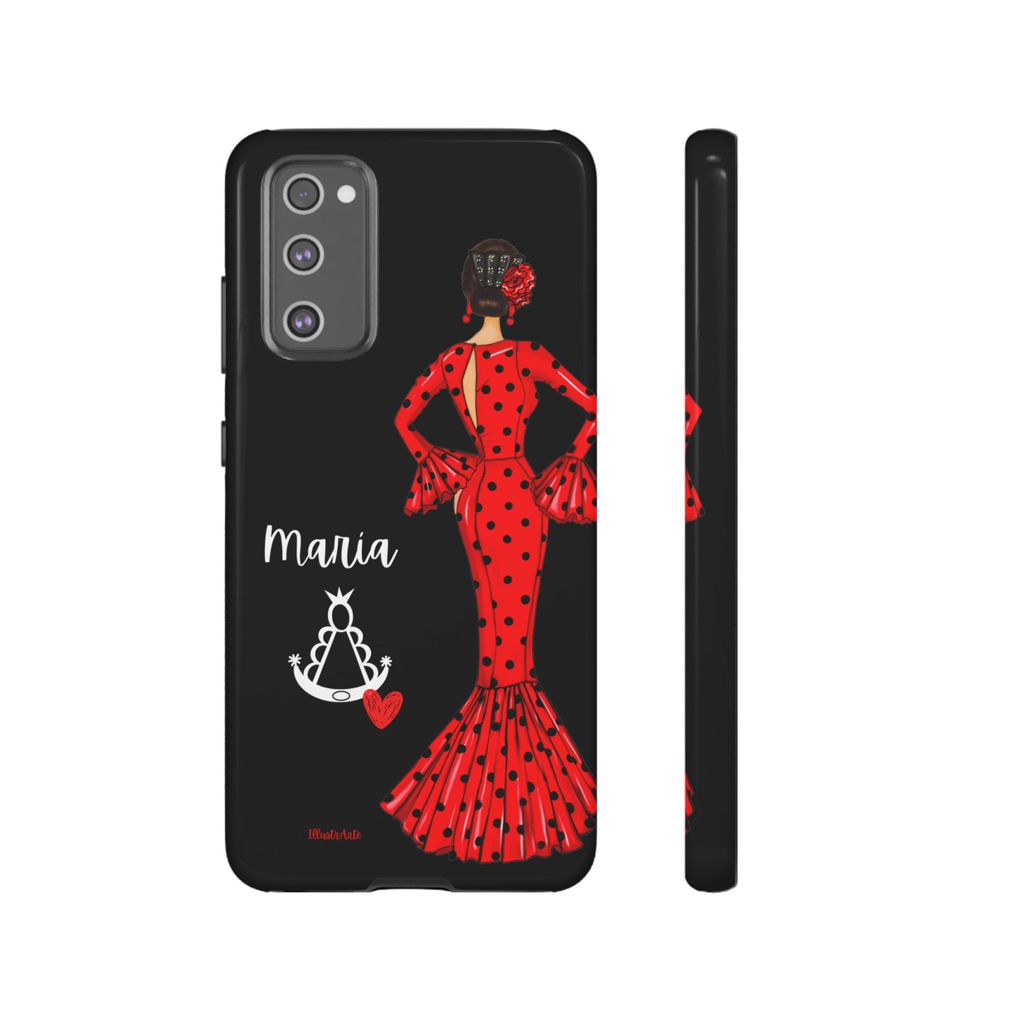 una funda de teléfono con una mujer en un vestido rojo