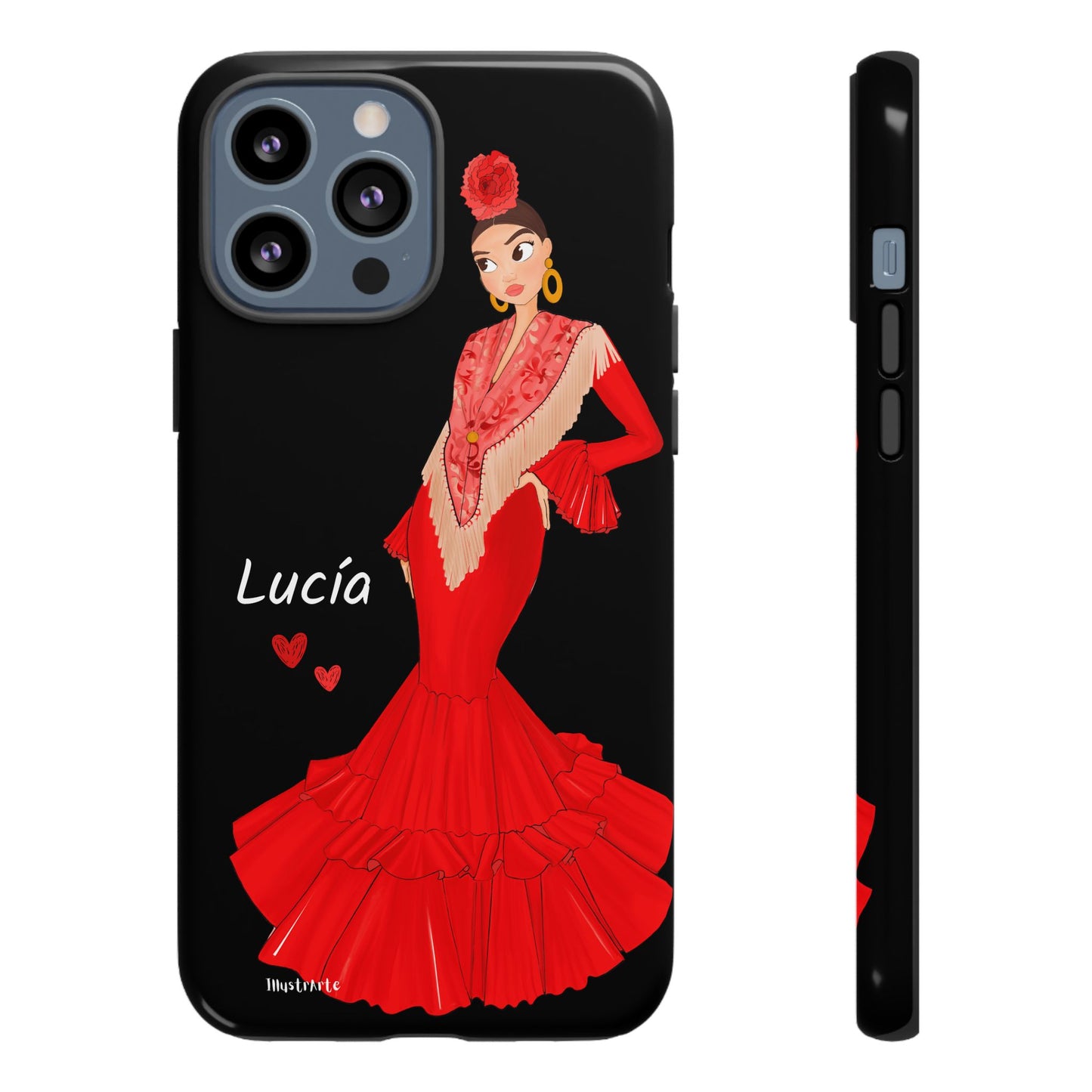 una funda de teléfono con una mujer en un vestido rojo