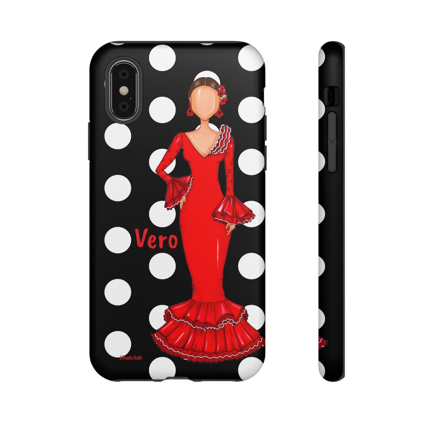 una funda para teléfono con una mujer en un vestido rojo