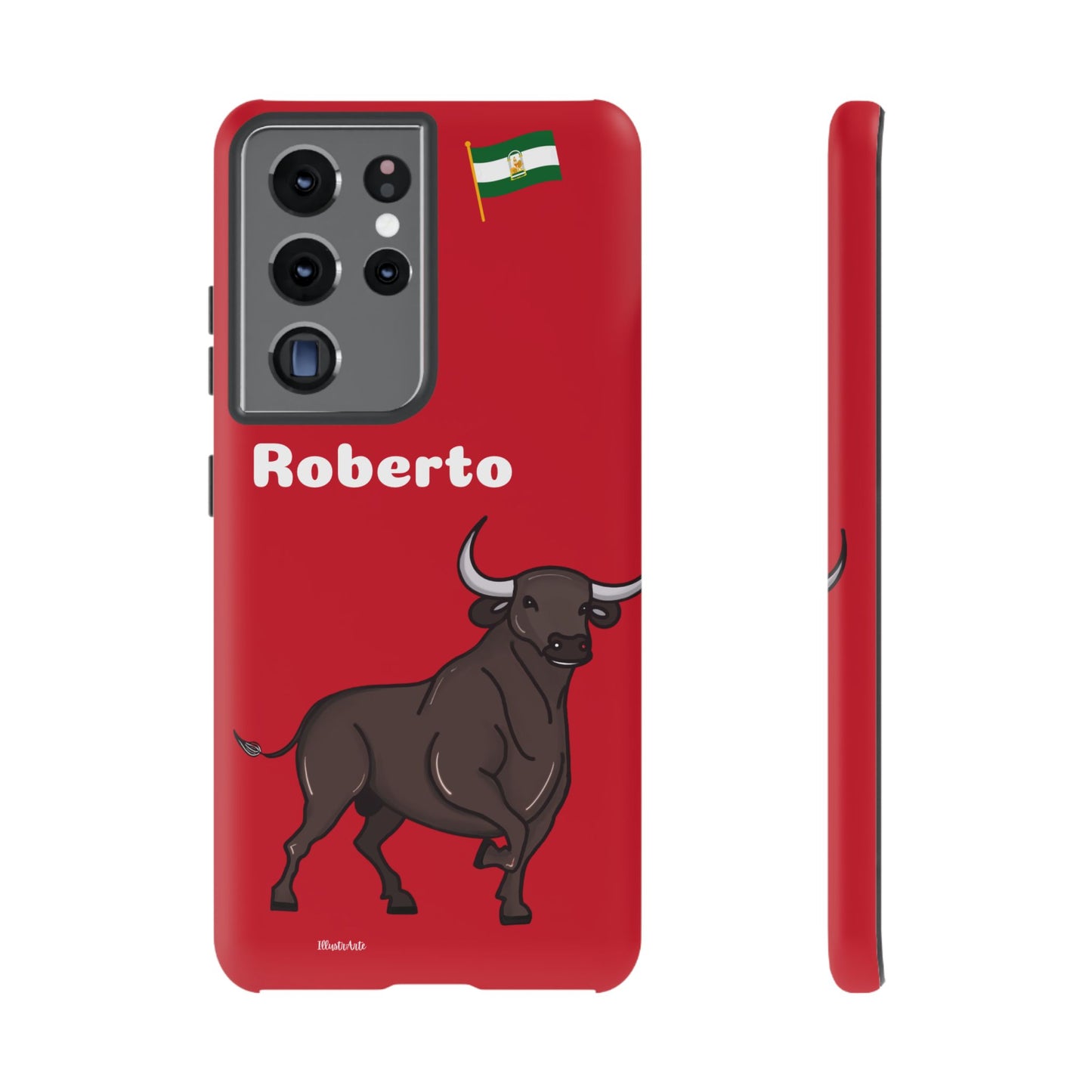 una funda de teléfono roja con un toro en ella