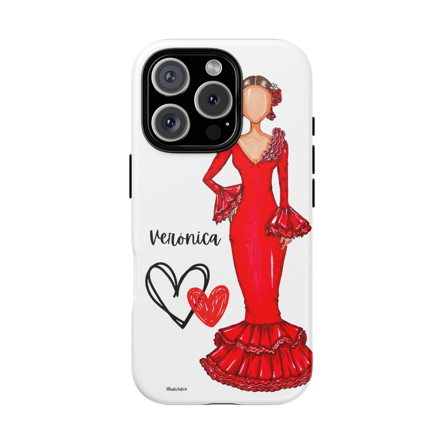 una funda de teléfono con una imagen de una mujer en un vestido rojo