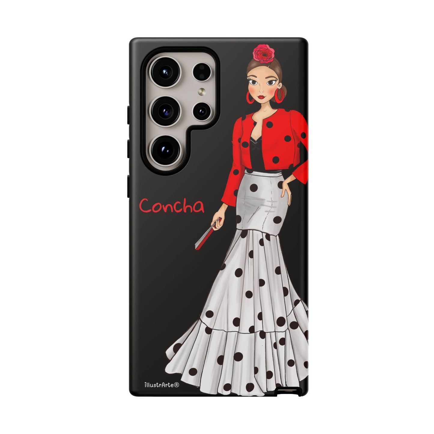 Vista moderna de la funda de teléfono personalizable - Modelo Conchita fondo negro.