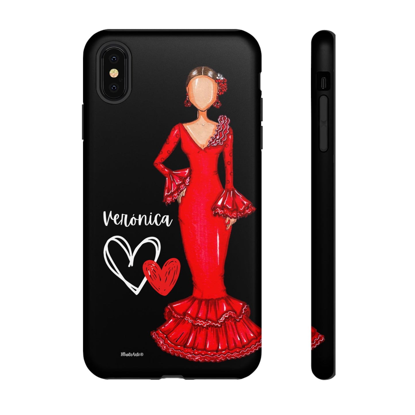 una funda de teléfono con una mujer con un vestido rojo