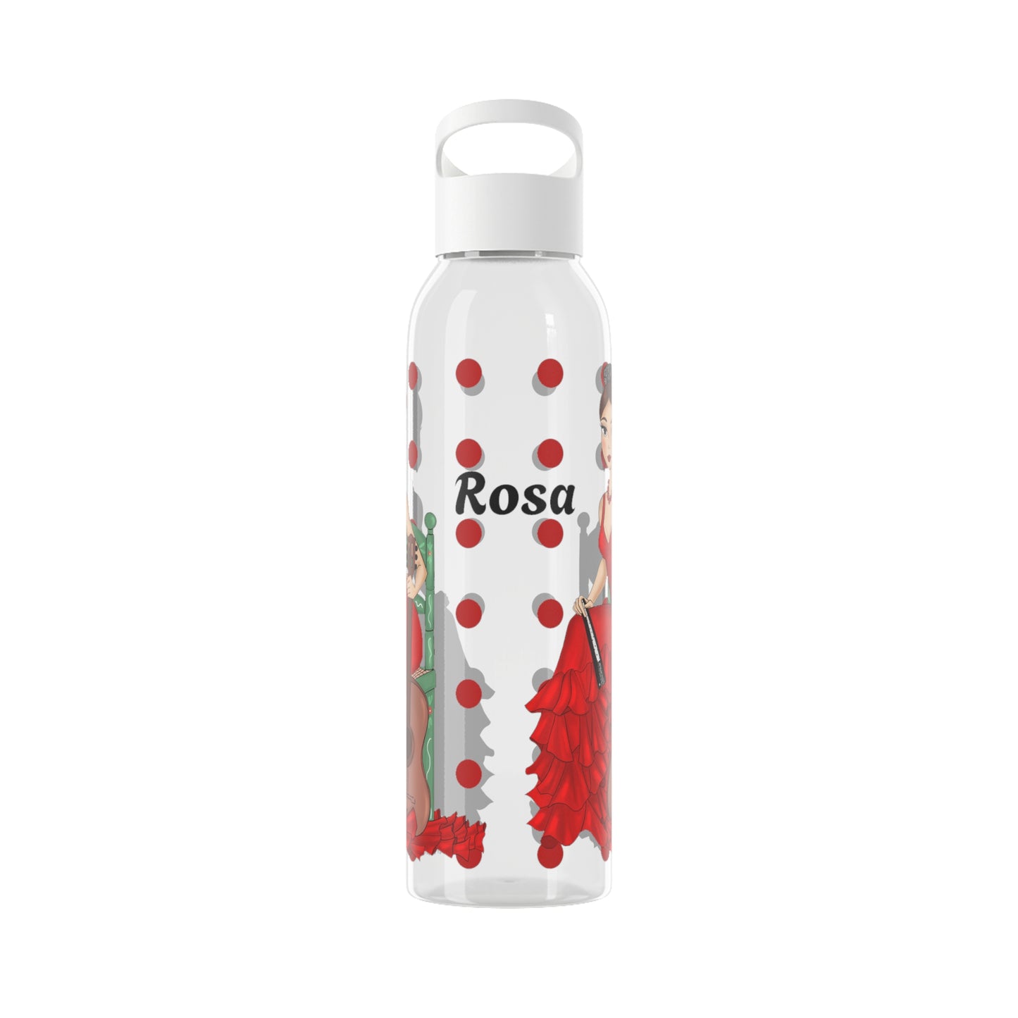 una botella blanca con un diseño rojo en ella