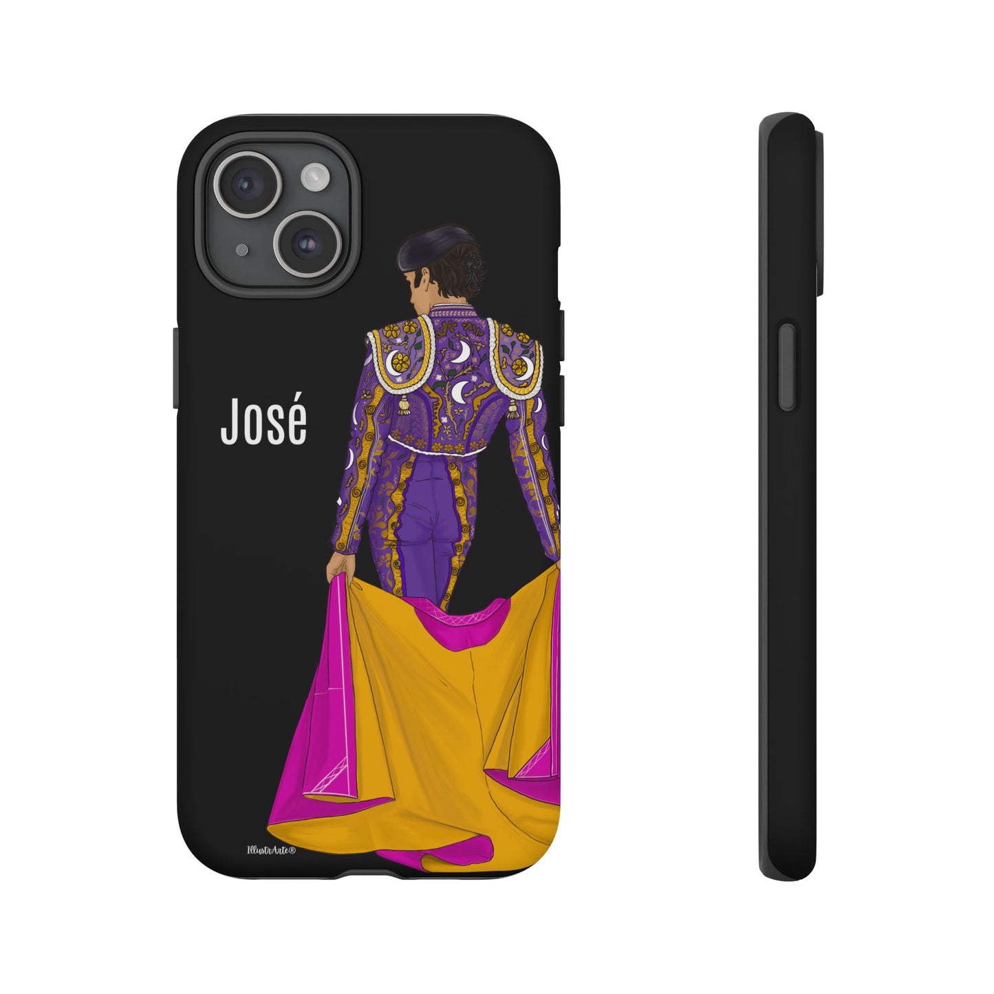 una funda de teléfono con una imagen de un hombre en un traje morado y amarillo