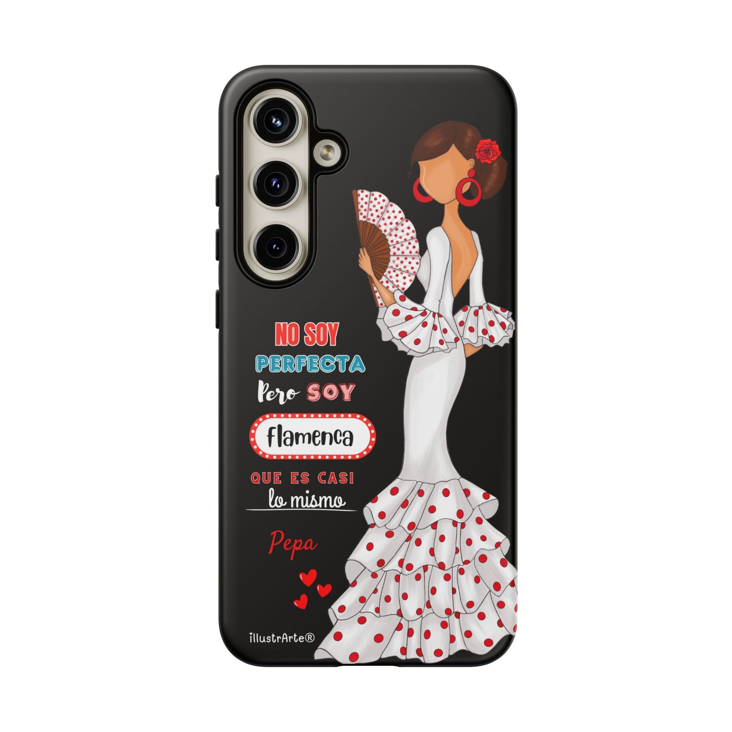 Funda de teléfono personalizable Pepa vestido blanco con frase – para iPhone, Samsung, Pixel