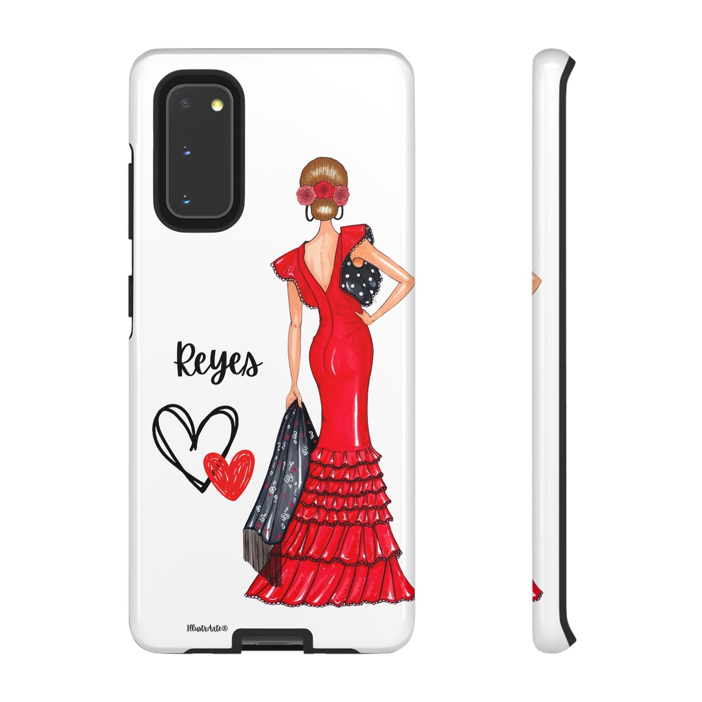 una funda de teléfono con una mujer en un vestido rojo