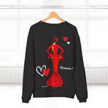 Sudadera Personalizable - Flamenca Maria rojo con pelo oscuro, fondo con corazones – Arte, color y comodidad en una sola prenda