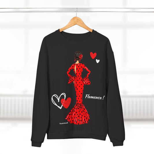 Moletom customizável - Flamenco Maria vermelho com cabelos escuros, fundo com corações. 