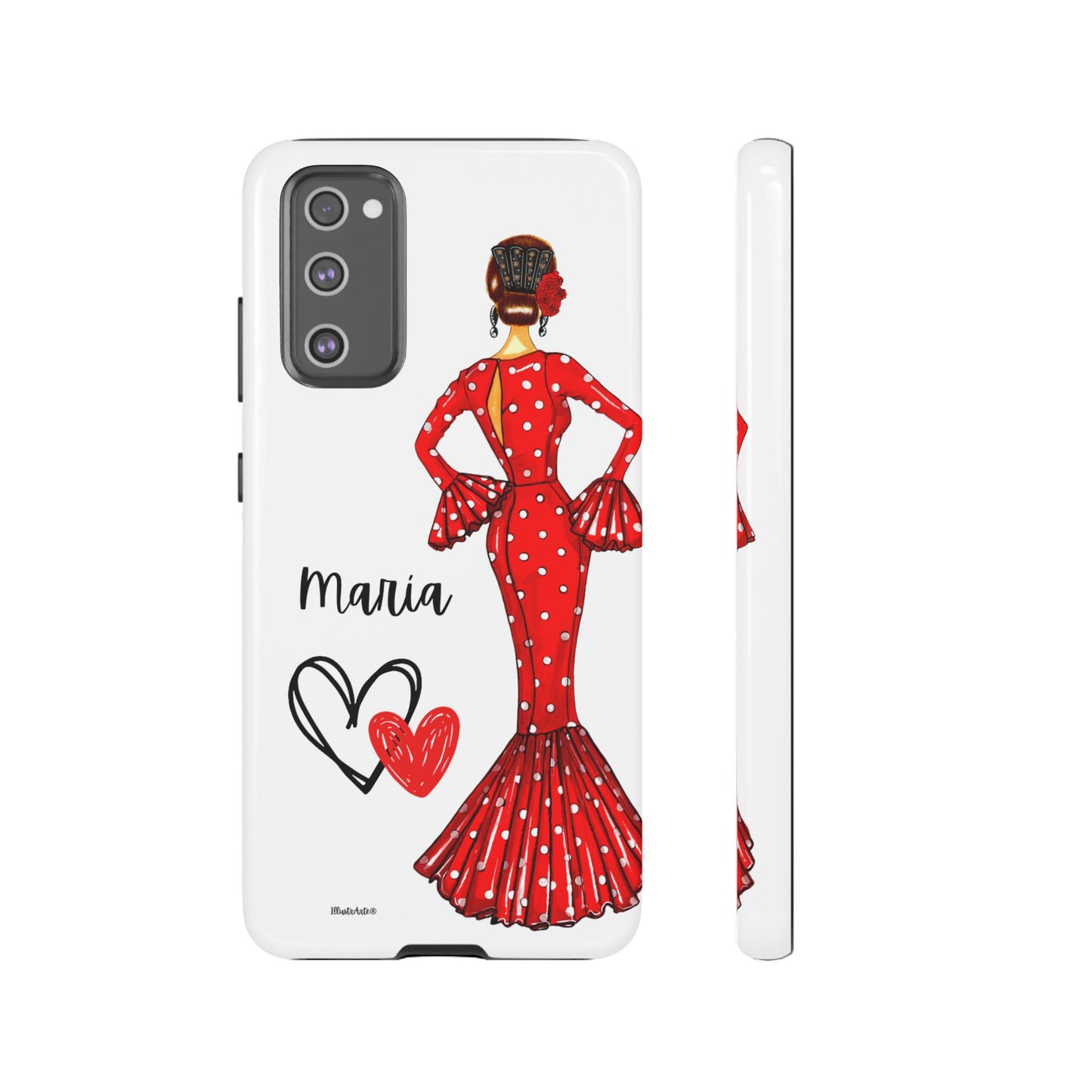 una funda de teléfono con una mujer en un vestido rojo