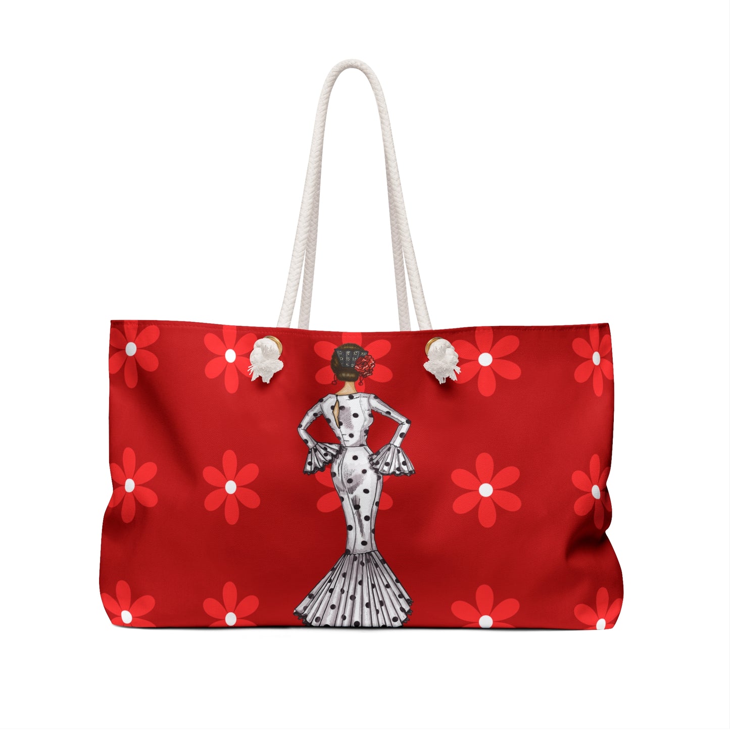 a red bag with a picture of a woman on it