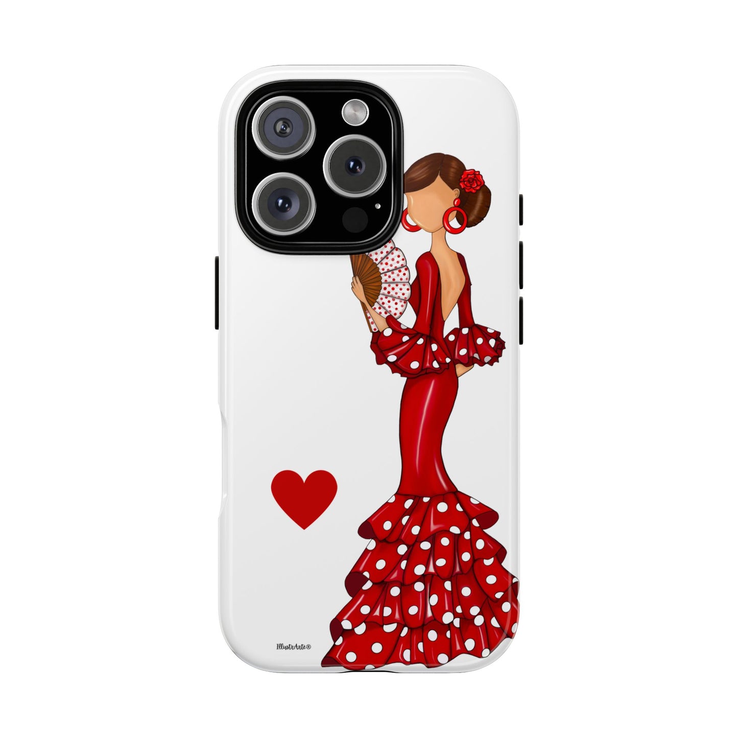 una funda de teléfono con una mujer en un vestido rojo