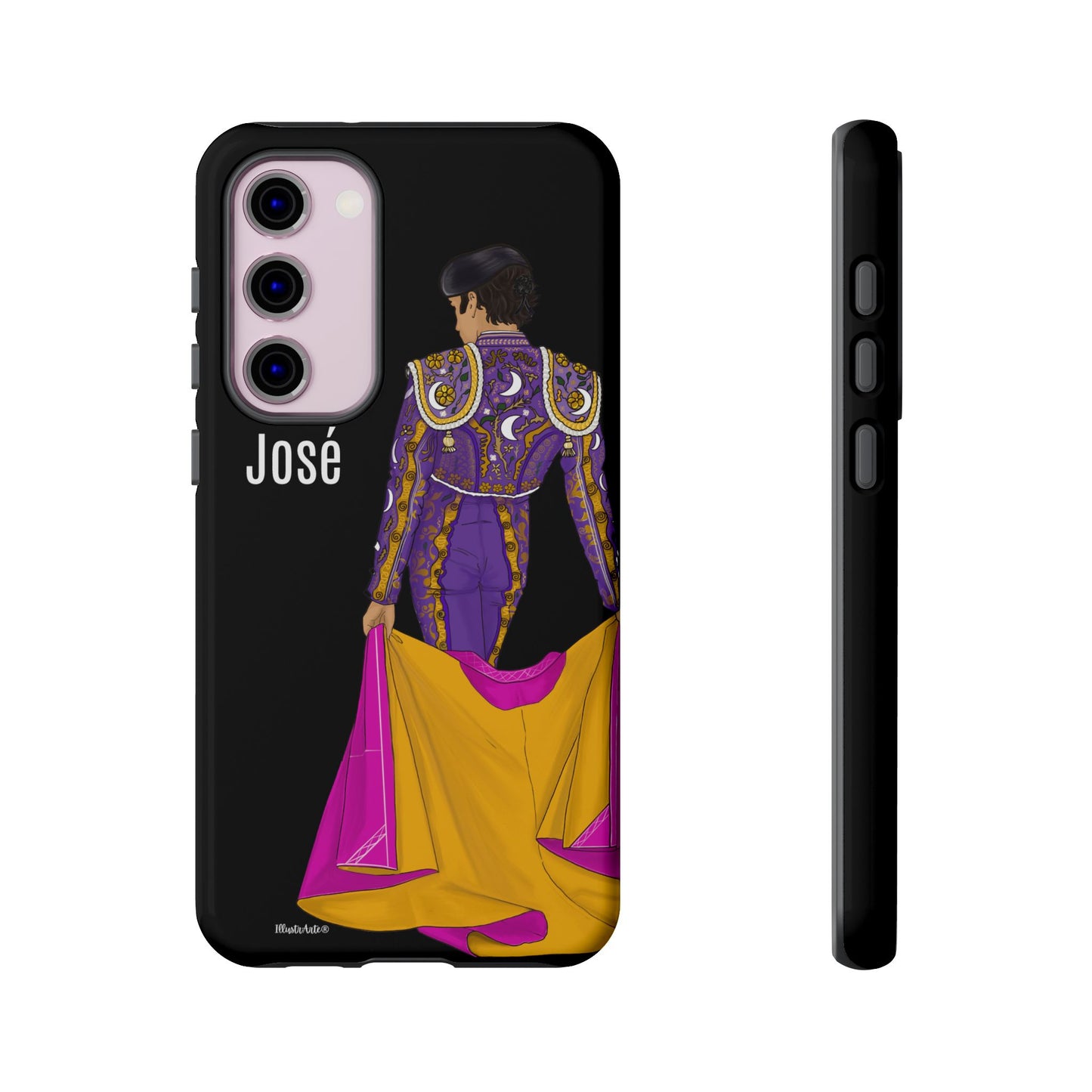 una funda de teléfono con una imagen de un hombre en un traje morado y amarillo