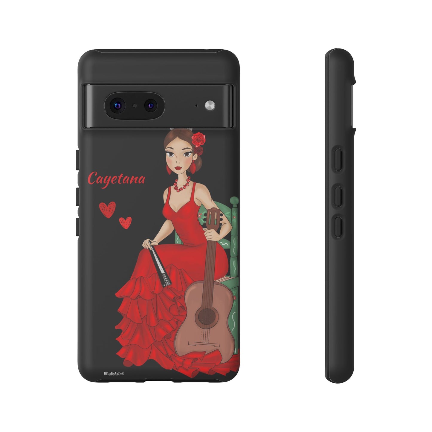 una funda de teléfono con una mujer en un vestido rojo sosteniendo una guitarra