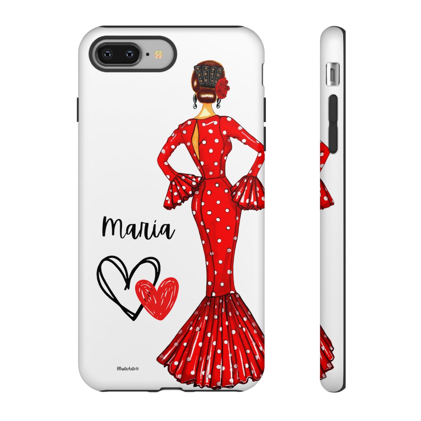 una funda de teléfono con una mujer en un vestido rojo