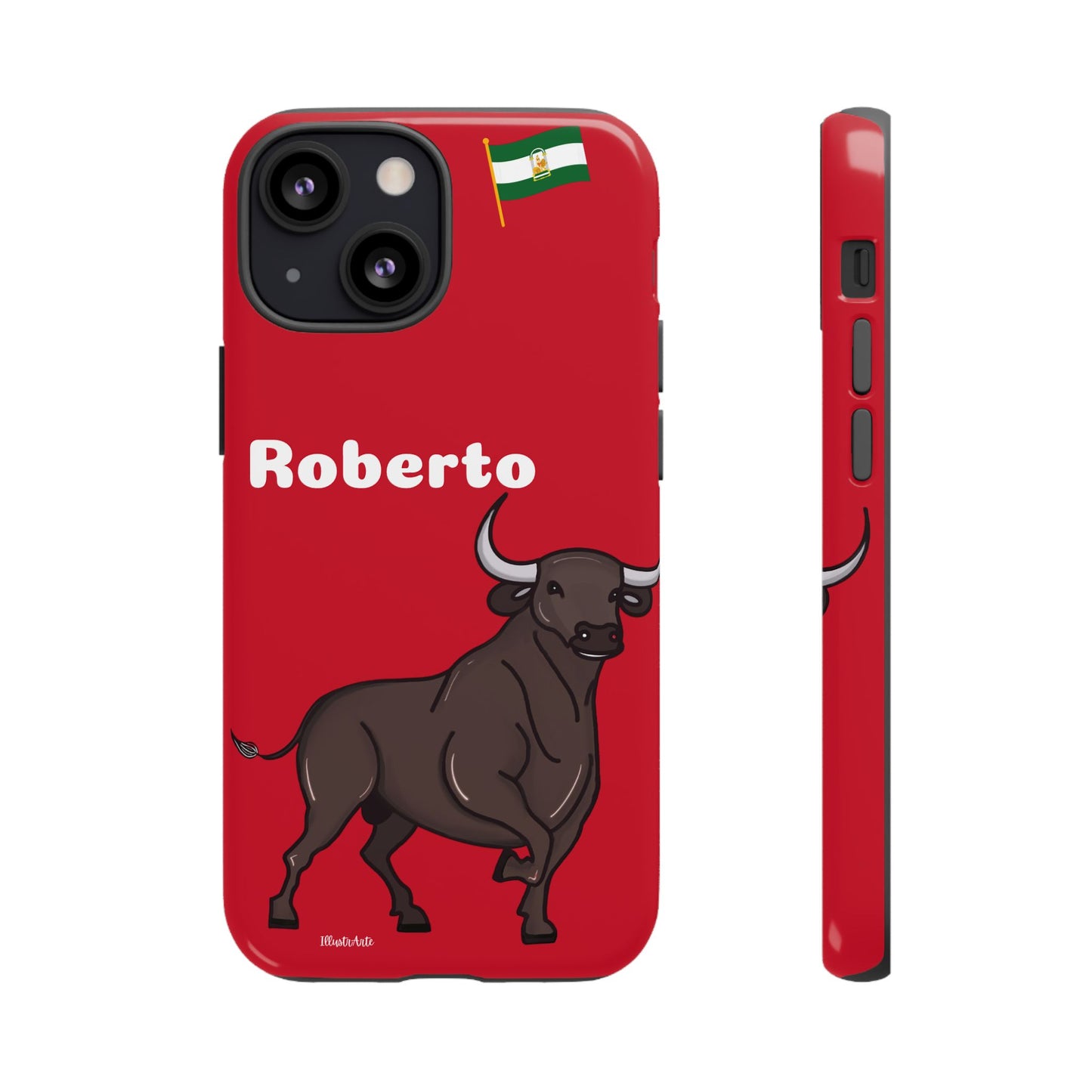 una funda de teléfono roja con un toro en ella