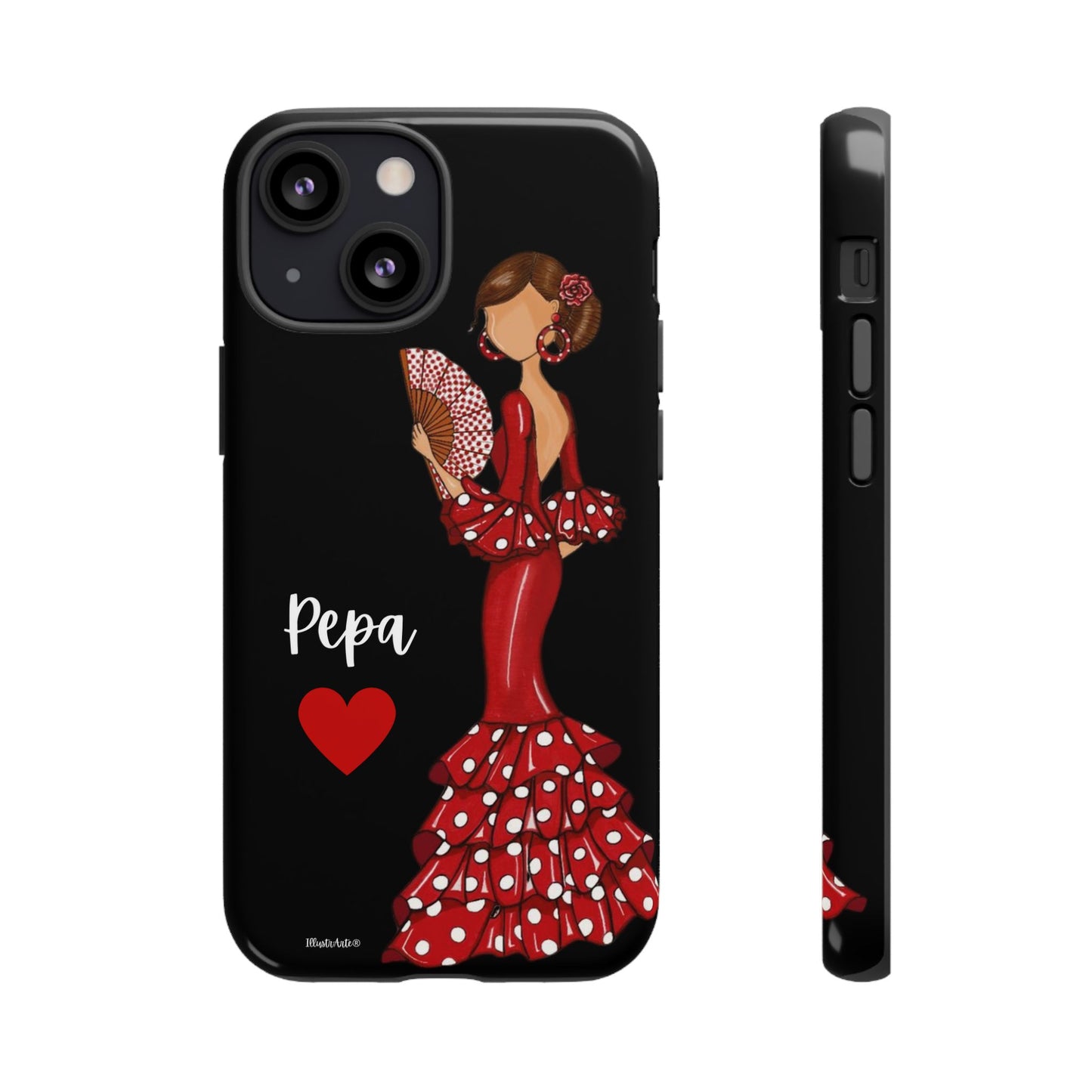 una funda de teléfono con una mujer en un vestido rojo