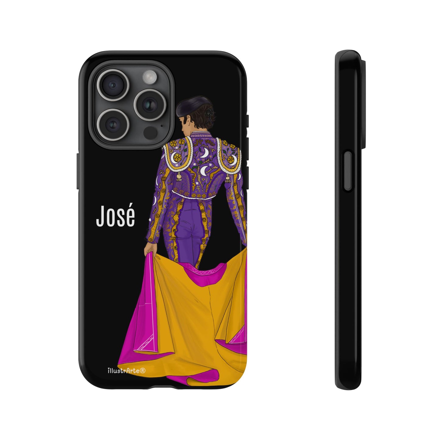 Personalized phone case featuring bullfighter José on a green background – for iPhone, Samsung, Pixel