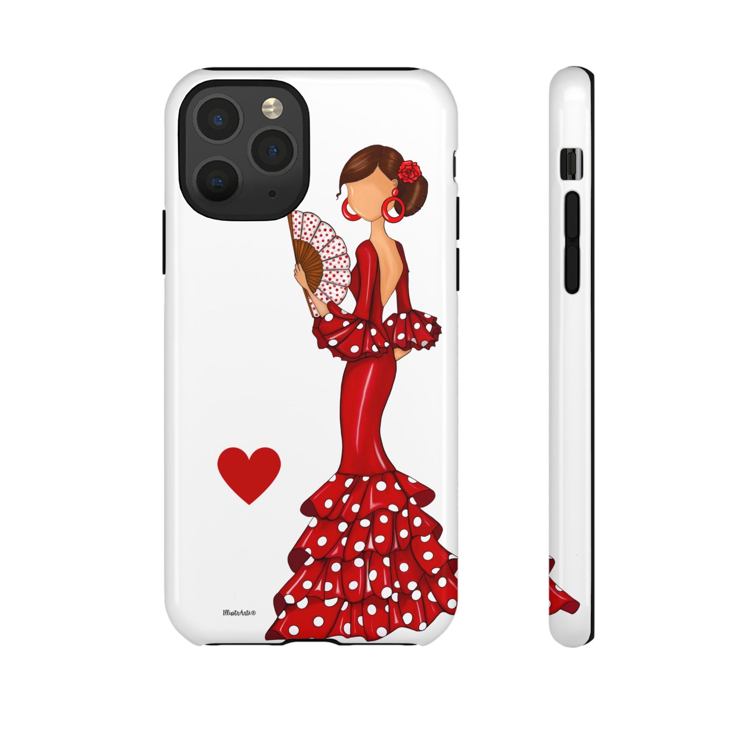 una funda de teléfono con una mujer en un vestido rojo sosteniendo un abanico