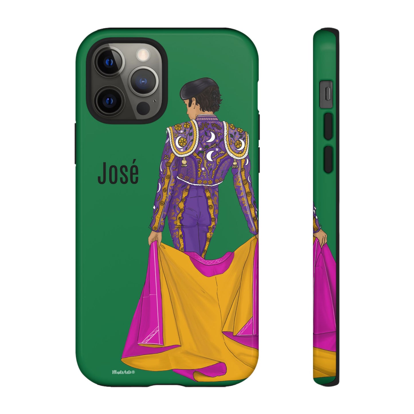 una funda de teléfono con una imagen de un hombre en un atuendo púrpura y amarillo