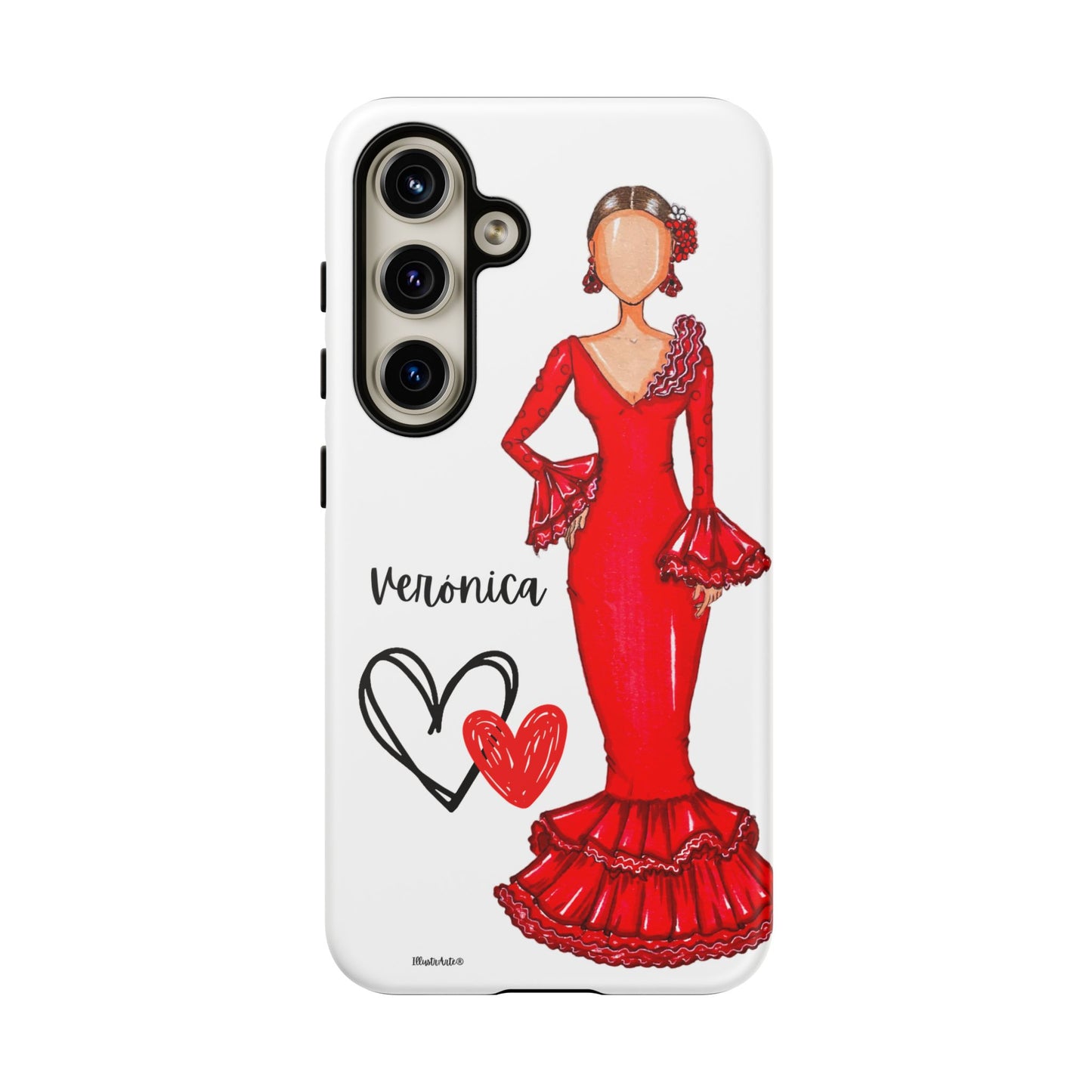 una funda de teléfono con un dibujo de una mujer en un vestido rojo