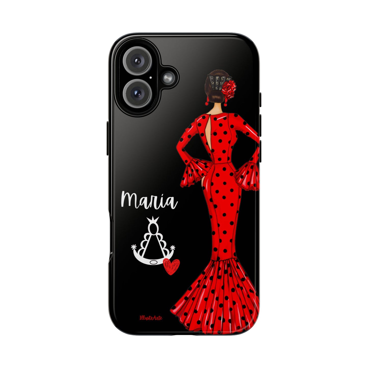 una funda de teléfono con una mujer en un vestido rojo