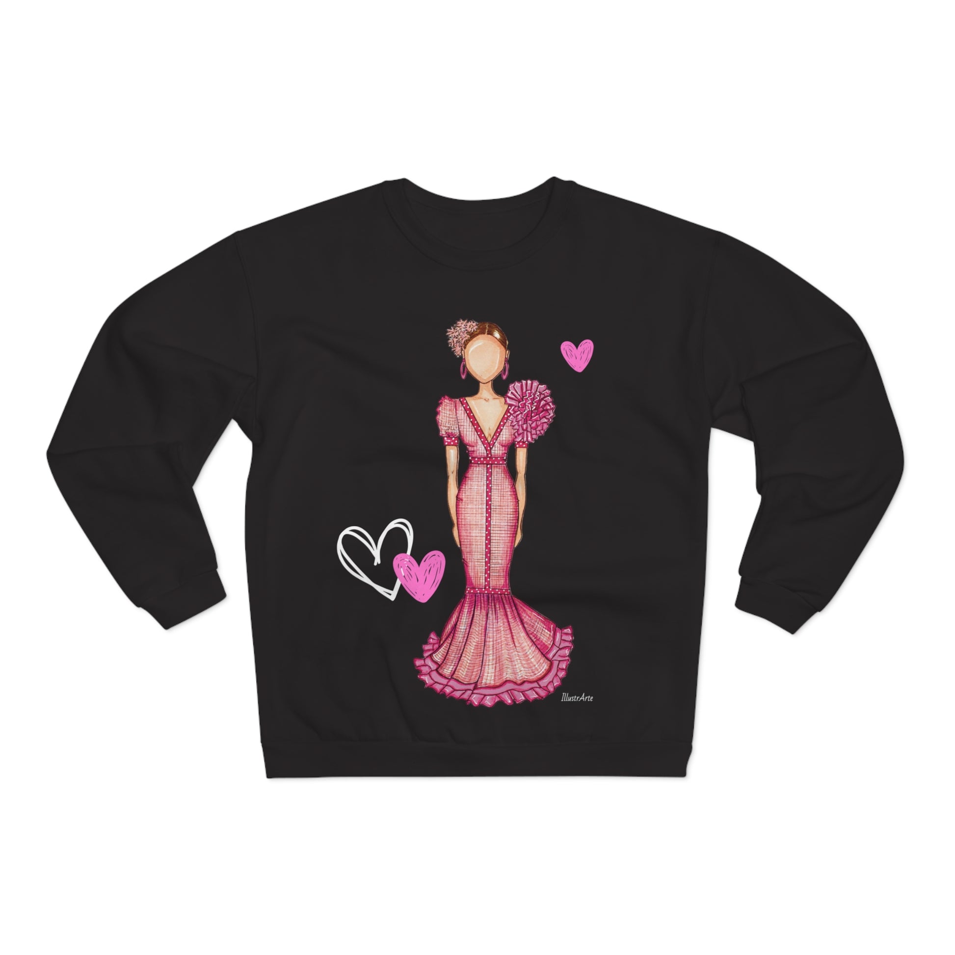 Flamenco lovers white Crewneck Sweatshirt, beautiful flamenco dancer in a pink dress with hearts. - IllustrArte