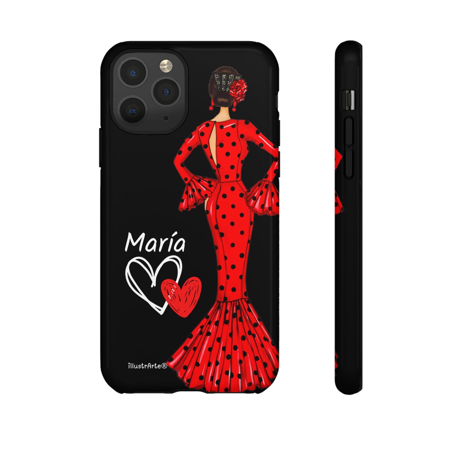 Capa de celular personalizável com nome/bandeira/Virgem - modelo Red Maria com cabelo escuro, fundo preto, para iPhone, Samsung e Google Pixel