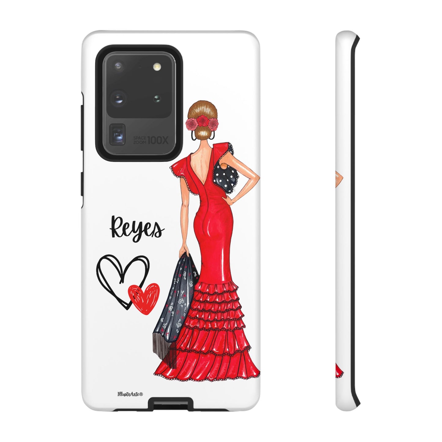 una funda de teléfono con una mujer en un vestido rojo