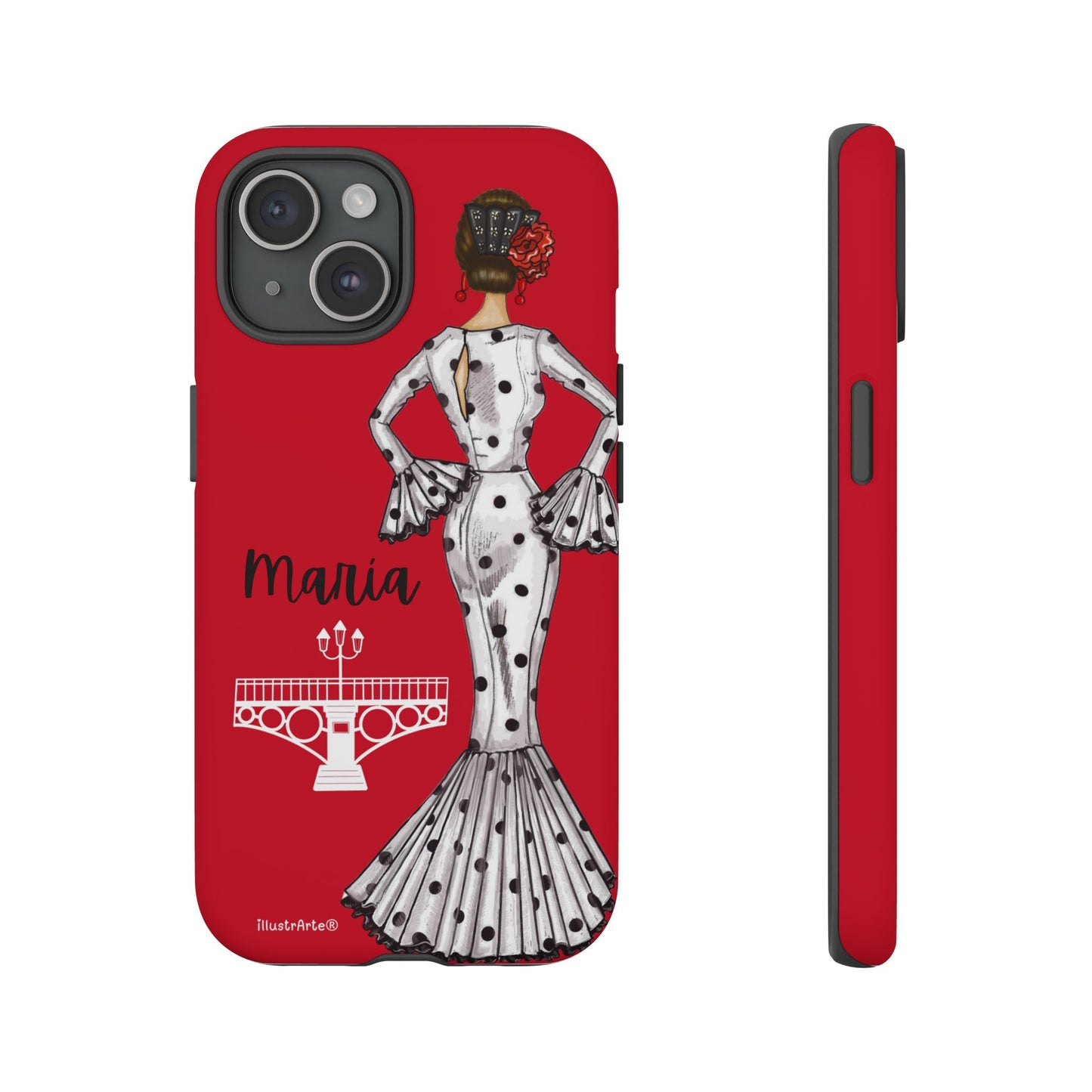 Funda de teléfono personalizada con nombre, ilustración de flamenca María, diseñada para iPhone, Samsung y Google Pixel.