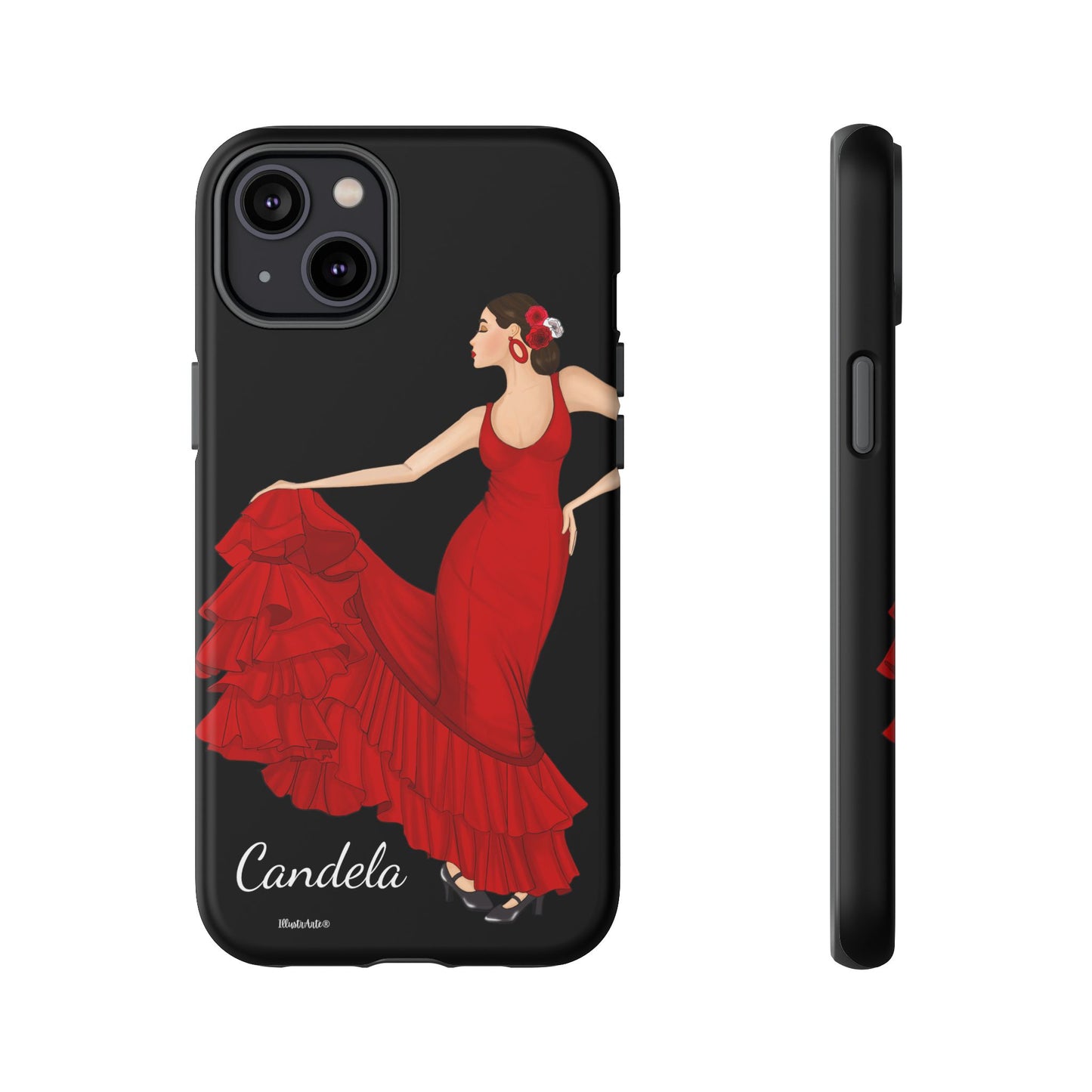 una funda de teléfono con una imagen de una mujer en un vestido rojo