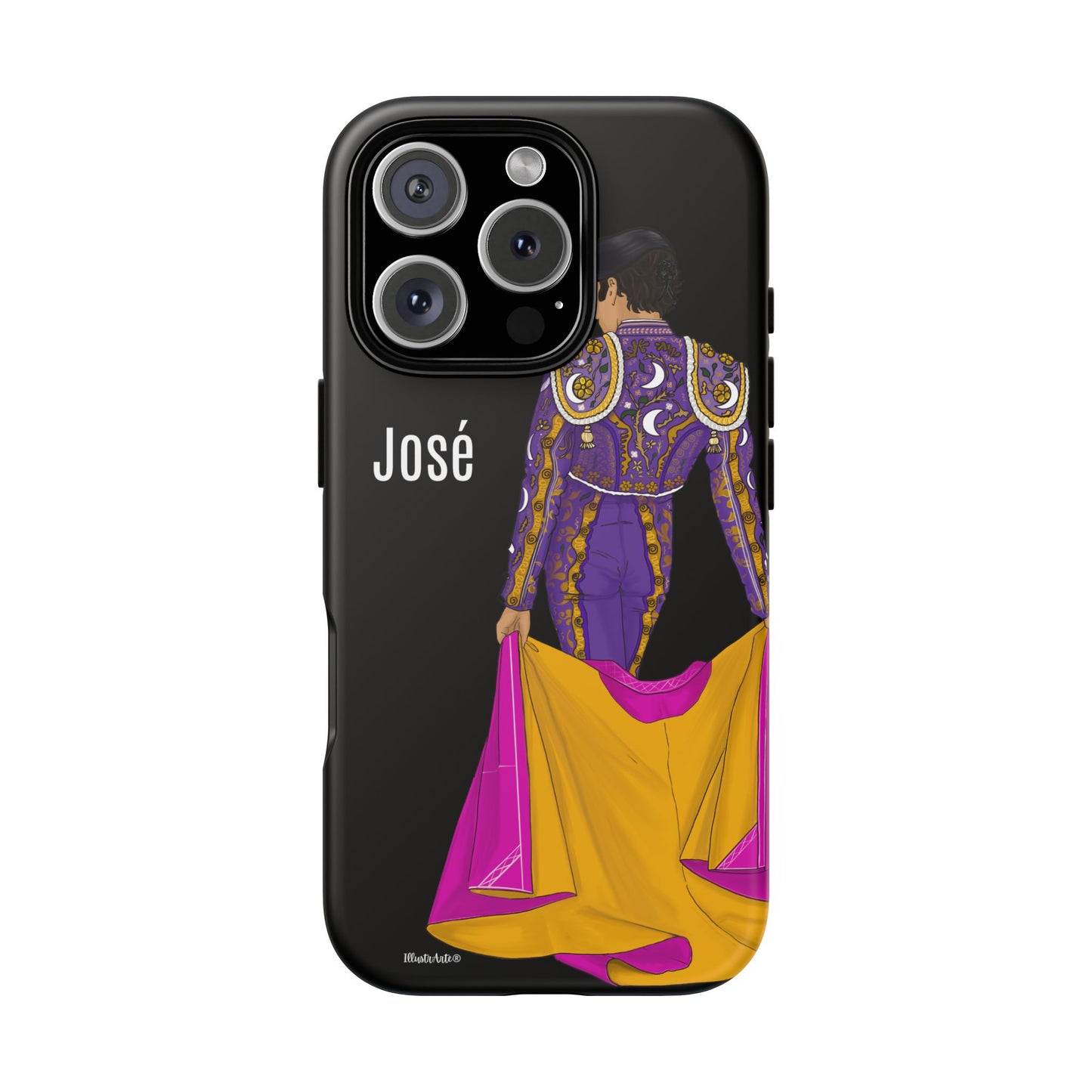 una funda de teléfono con una imagen de una mujer en un traje morado y amarillo